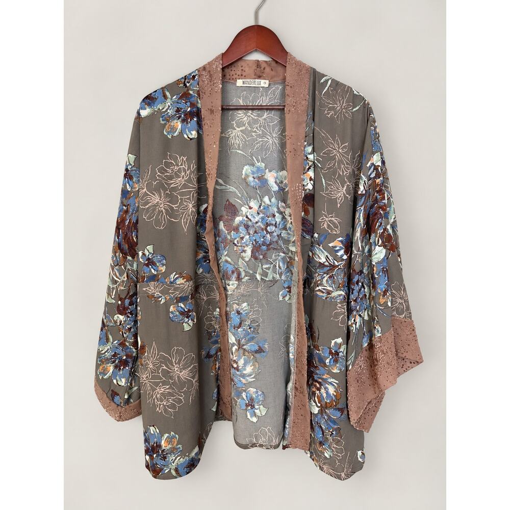 Wanderlux Women L Floral Kimono Cardigan Duster Boho Sheer Rayon Made USA